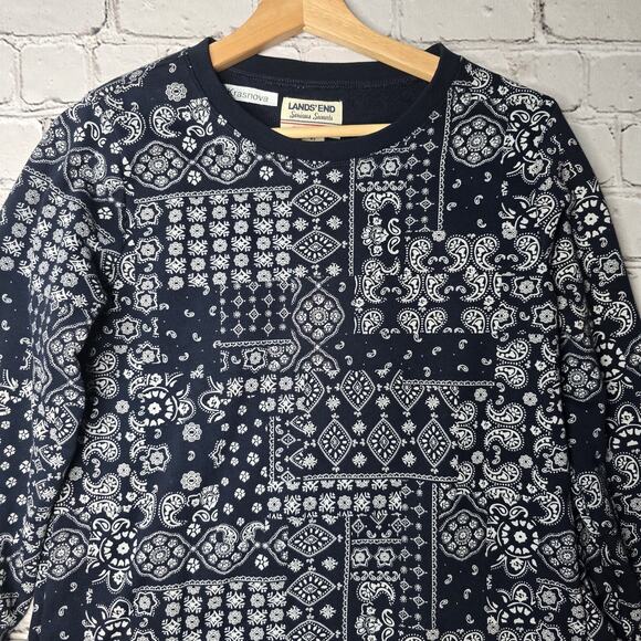 Lands End Serious Sweats Cotton Blend Blue Picnic Print Long Sleeve Sweatshirt - Picture 2 of 10